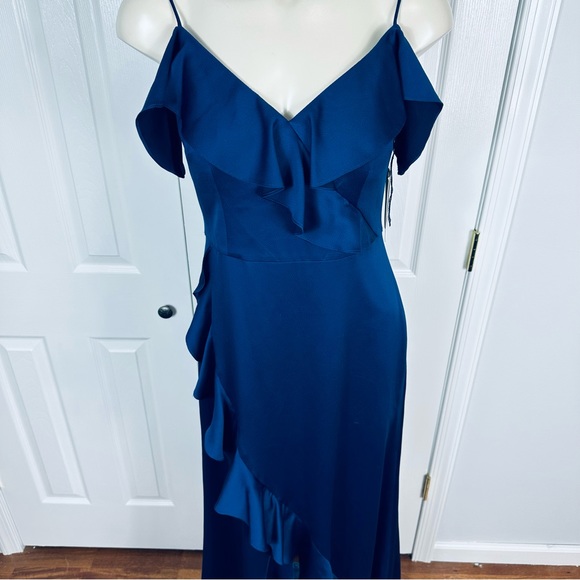 AIDAN MATTOX off the shoulder flounce GOWN navy BLUE wedding prom gown DRESS 6 - Picture 3 of 14